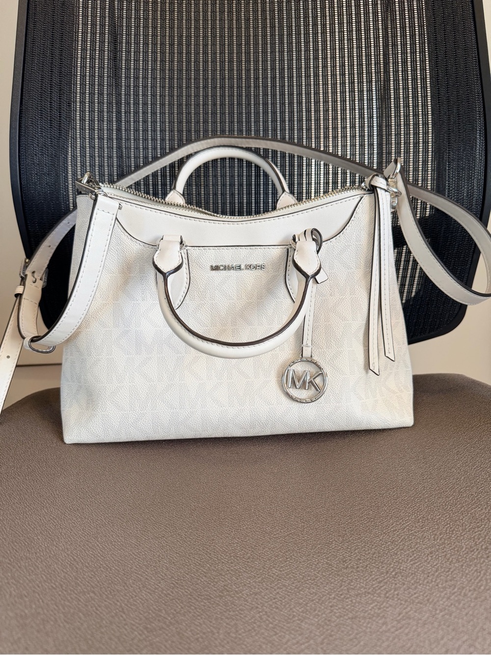 Michael Kors White Leather Satchel with MK Pendant